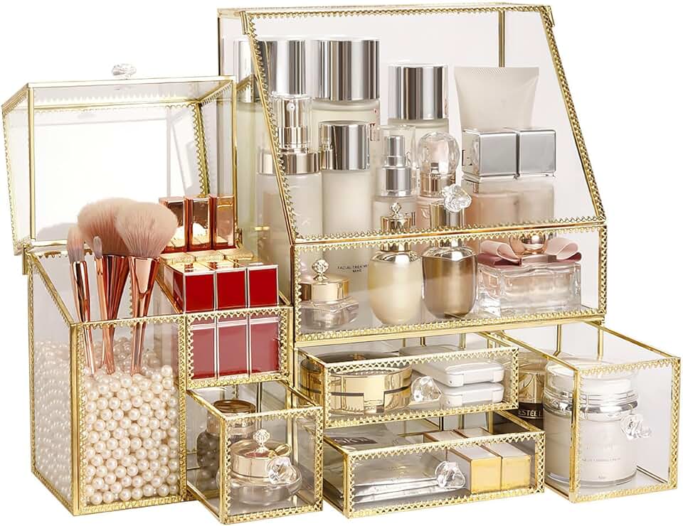 Large Glass Makeup Organizer Drawer Set for Bathroom Counter