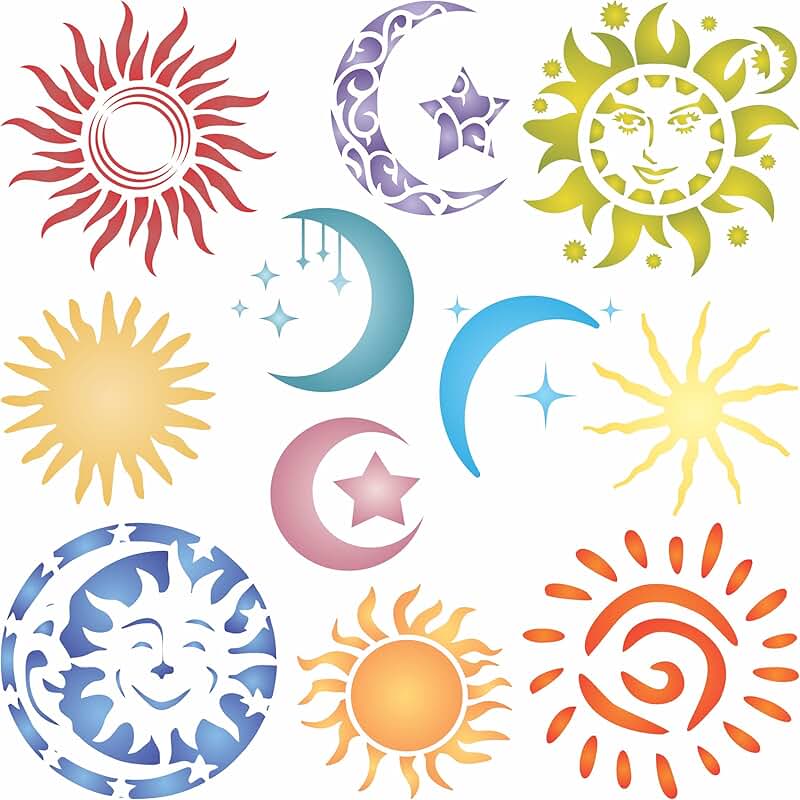 Wall stencil of suns, moons, and stars, 8.5 inches
