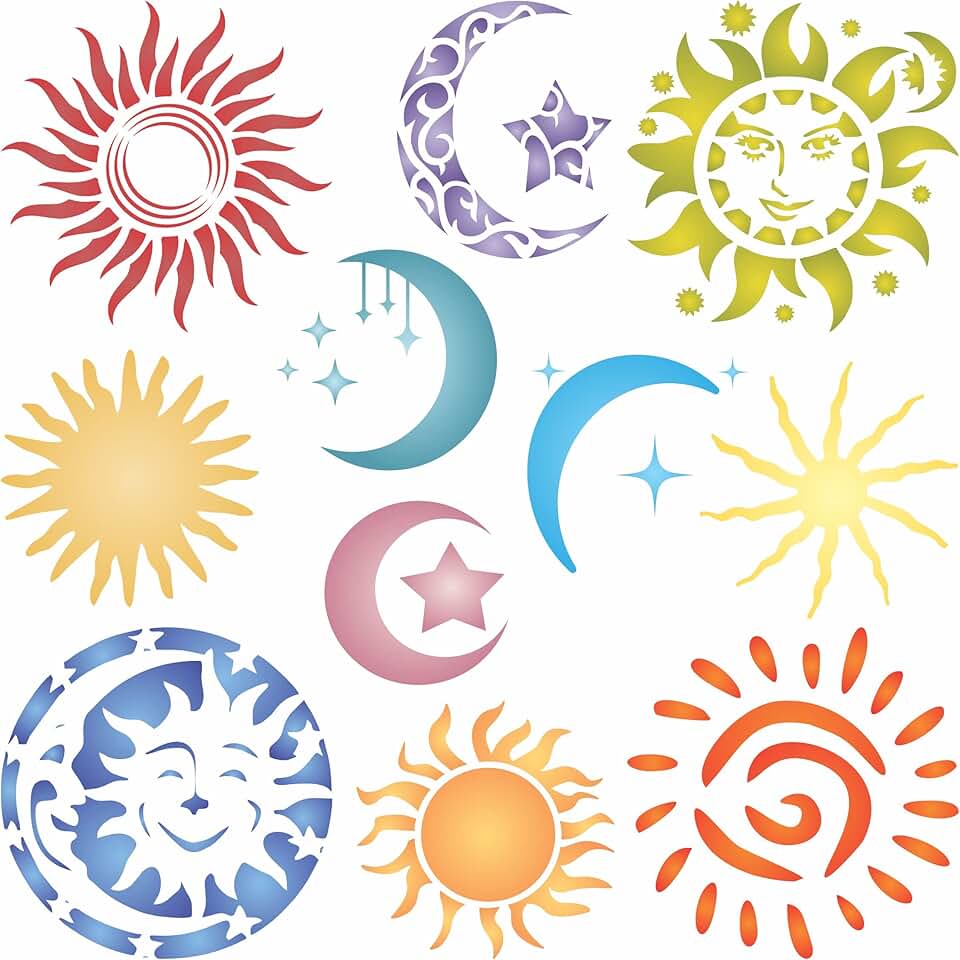 Wall stencil of suns, moons, and stars, 8.5 inches