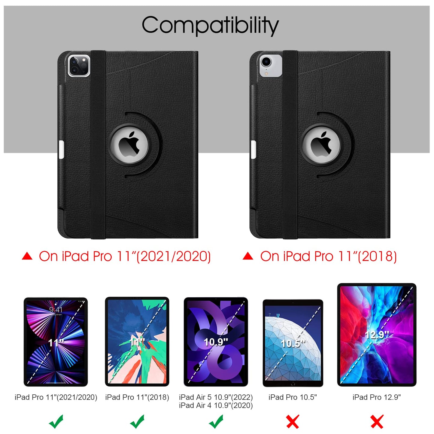 Rotating Case for iPad Pro 11-inch (3rd Generation) 2021 - 360 Degree Swiveling Stand Cover w/Pencil Holder, Auto Sleep/Wake, Also Fit iPad Pro 11" 2nd Gen 2020 / 1st Gen 2018, Black