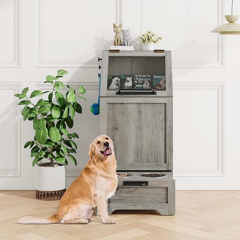 Dog Feeding Station with Storage and Bowls