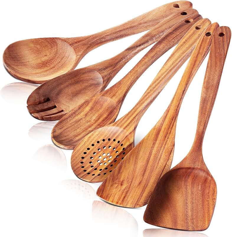 Set of six heat-resistant wooden cooking spoons