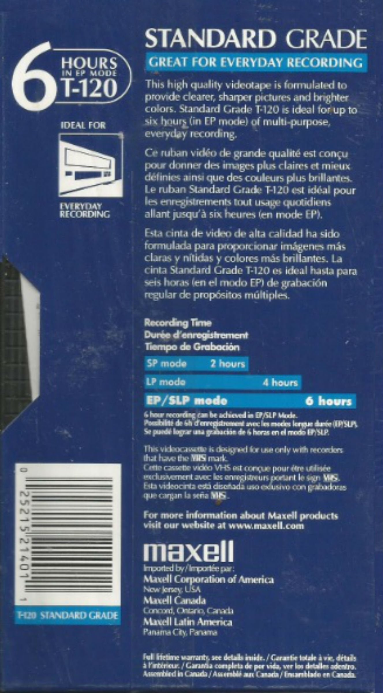 VHS Blank 3-Pack Standard Grade T-120 6 Hour EP Mode /246m