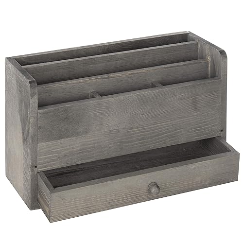 Rustic Gray Wooden Desk Organizer with 5 Slots and Drawer