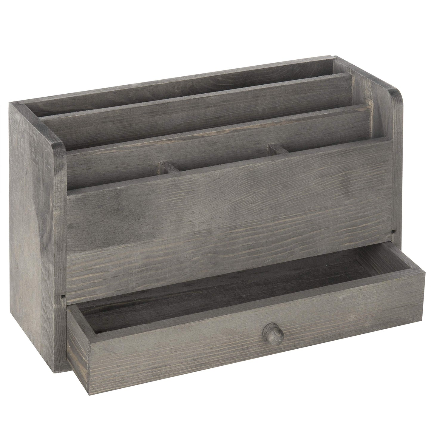 Rustic Gray Wooden Desk Organizer with 5 Slots and Drawer