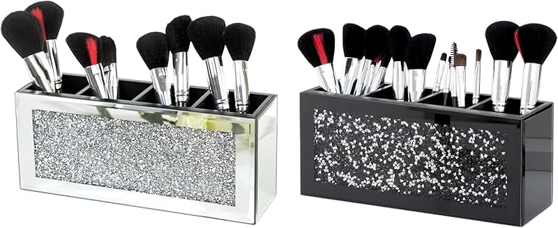 Silver and Black 4-Slot Makeup Brush Holder Set