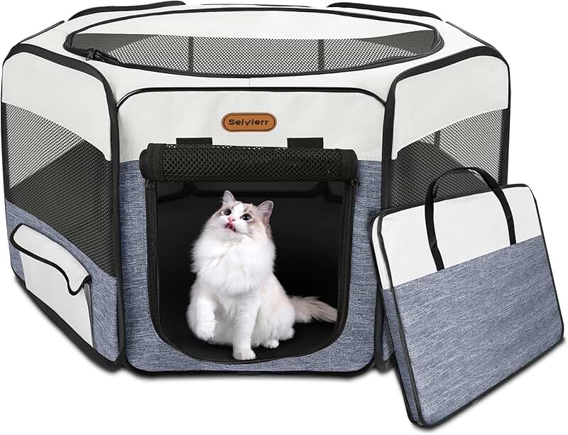 Portable Foldable Dog and Cat Playpen with Mesh Cover