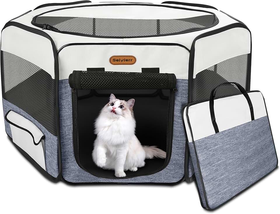 Portable Foldable Dog and Cat Playpen with Mesh Cover