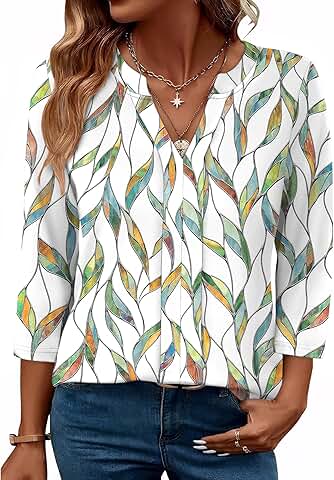 Women's 3/4 Sleeve V-Neck Pleated Summer Blouse