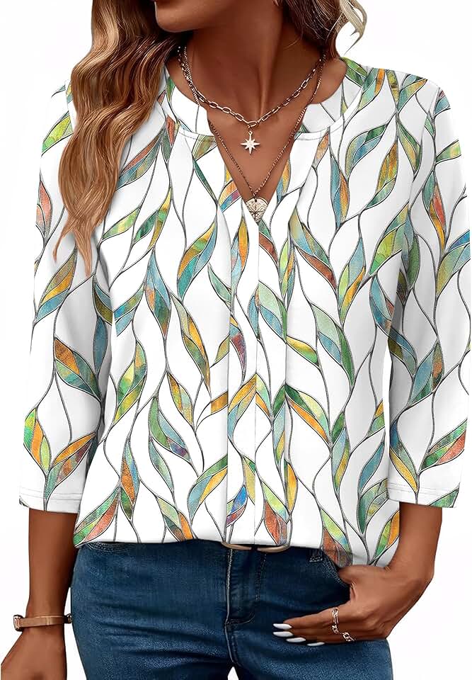 Women's 3/4 Sleeve V-Neck Pleated Summer Blouse
