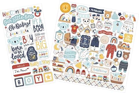 Baby Boy Scrapbook Stickers with Cute Words and Colorful Embellishments