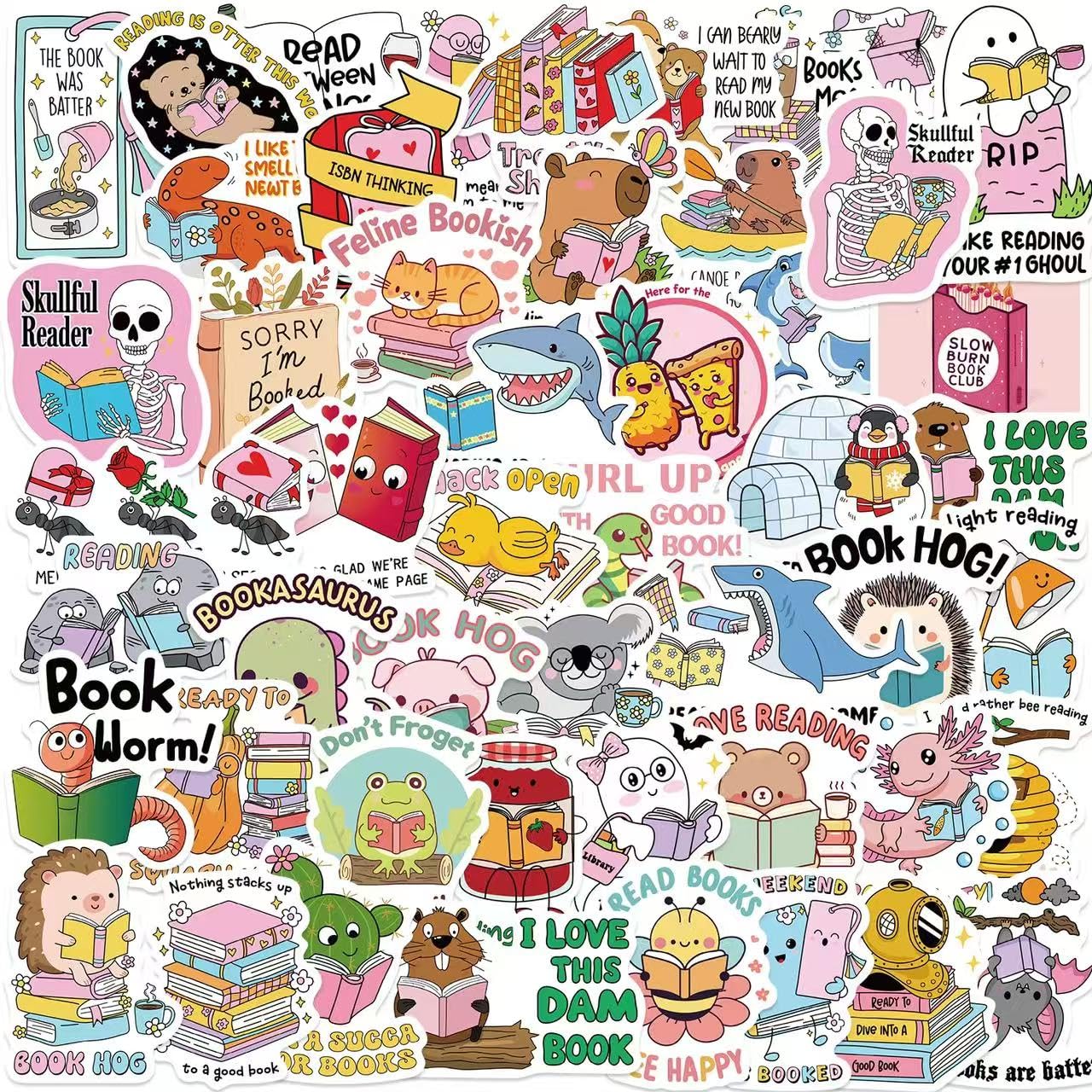 50 Bookish Puns Stickers for Water Bottles and More