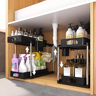 Two Black Under Sink Organizers, Adjustable, 2-Tier
