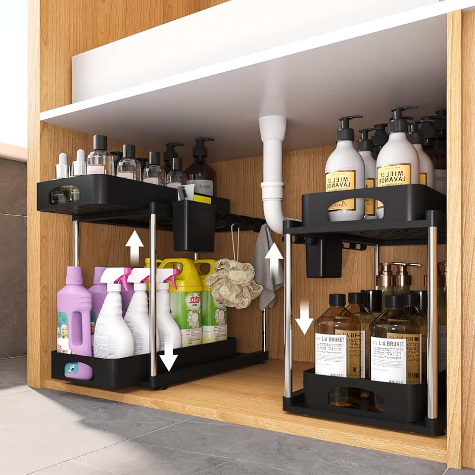 Two Black Under Sink Organizers, Adjustable, 2-Tier