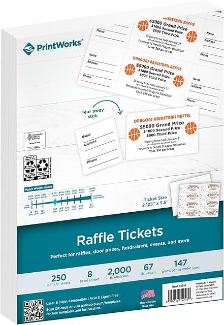 Printable Raffle Tickets with Tear-Away Stubs, 2000 Sheets