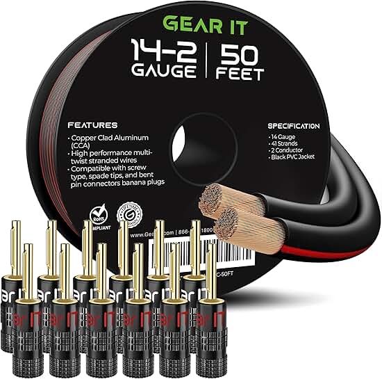 50 Feet 14 Gauge Speaker Wire with Banana Plugs