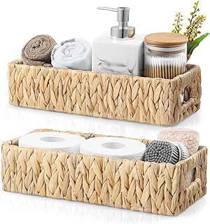 Small Handwoven Water Hyacinth Storage Baskets with Handles, 2 Pack