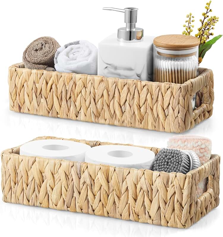 Small Handwoven Water Hyacinth Storage Baskets with Handles, 2 Pack