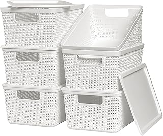 Six White Stackable Plastic Storage Baskets with Lids