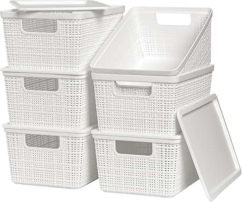 Six White Stackable Plastic Storage Baskets with Lids
