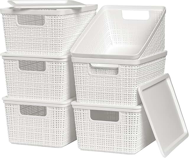 Six White Stackable Plastic Storage Baskets with Lids