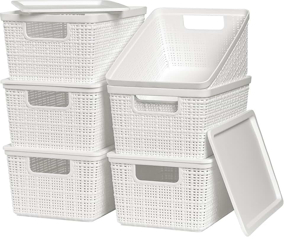 Six White Stackable Plastic Storage Baskets with Lids