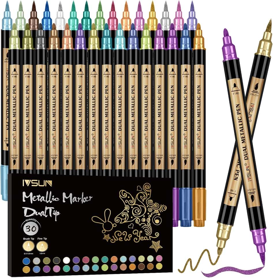 30-Color Metallic Dual Tip Paint Markers for Arts and Crafts
