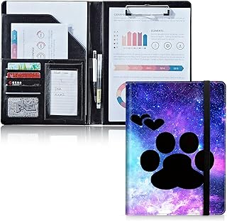 Dog Paw Print Leather Padfolio with Clipboard and Storage