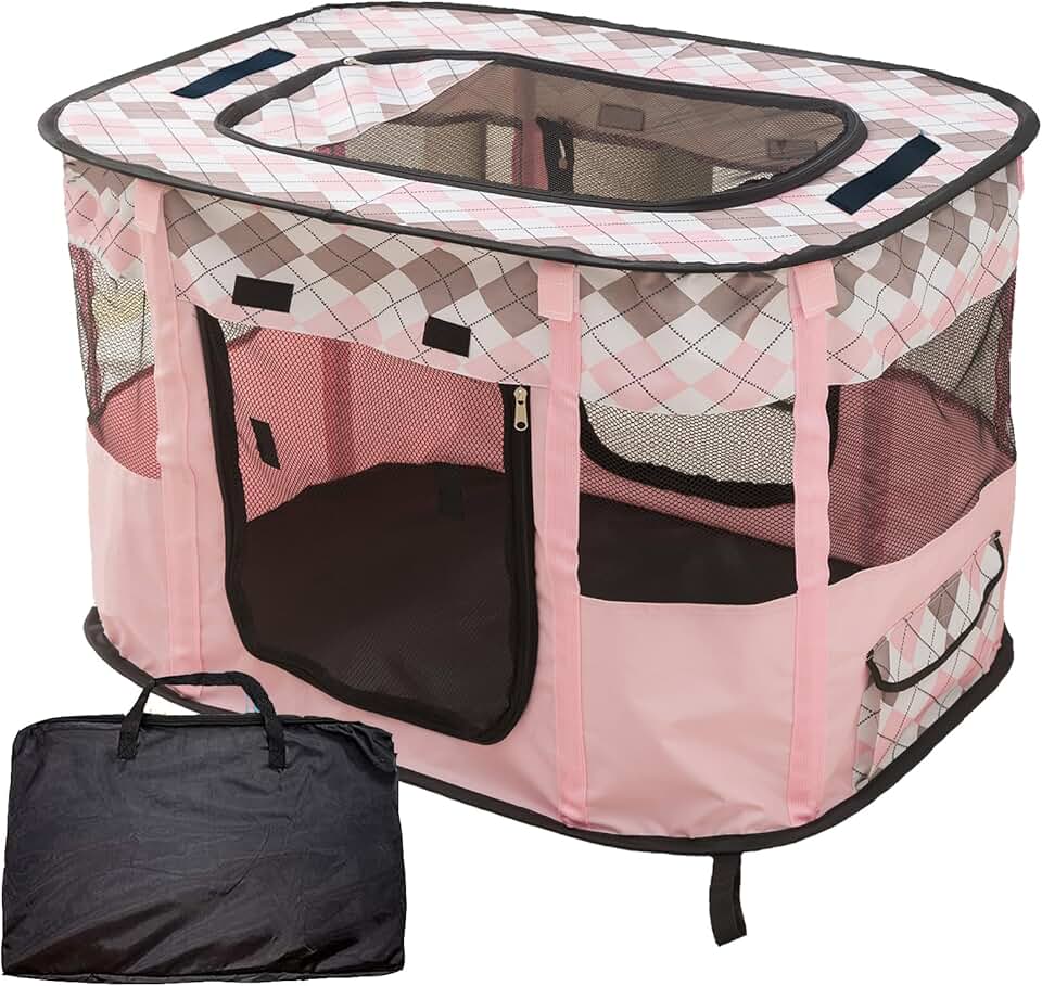 Large Pink Foldable Playpen for Cats and Puppies