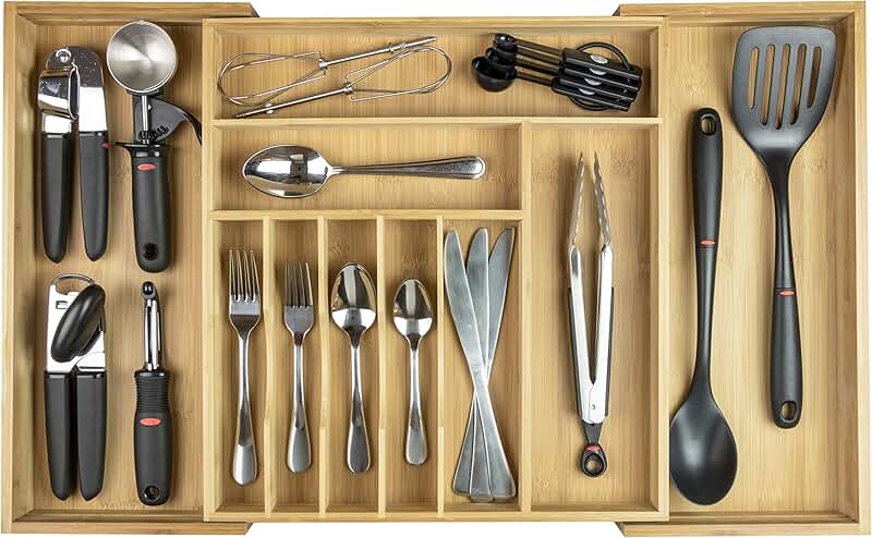 Expandable Bamboo Silverware and Utensil Organizer