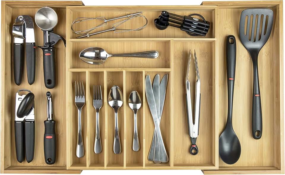 Expandable Bamboo Silverware and Utensil Organizer
