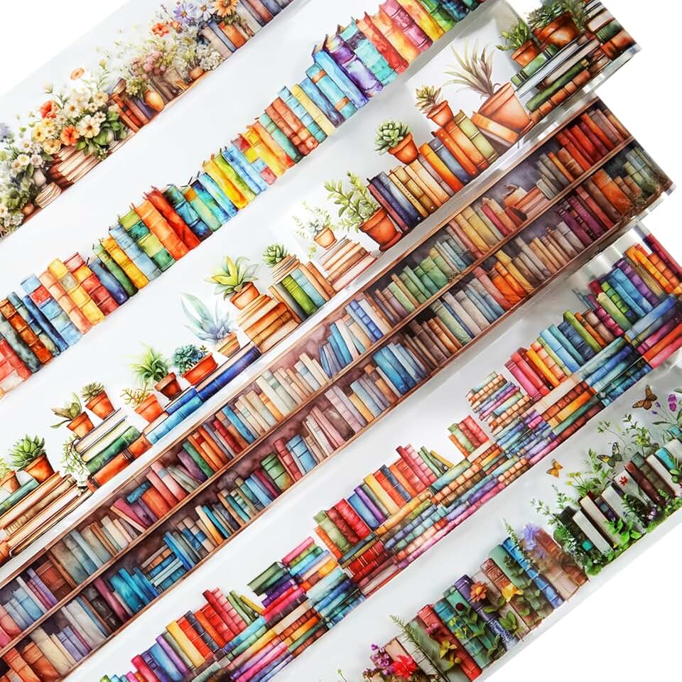 Book-themed PET tape set with 6 rolls of library and nature stickers