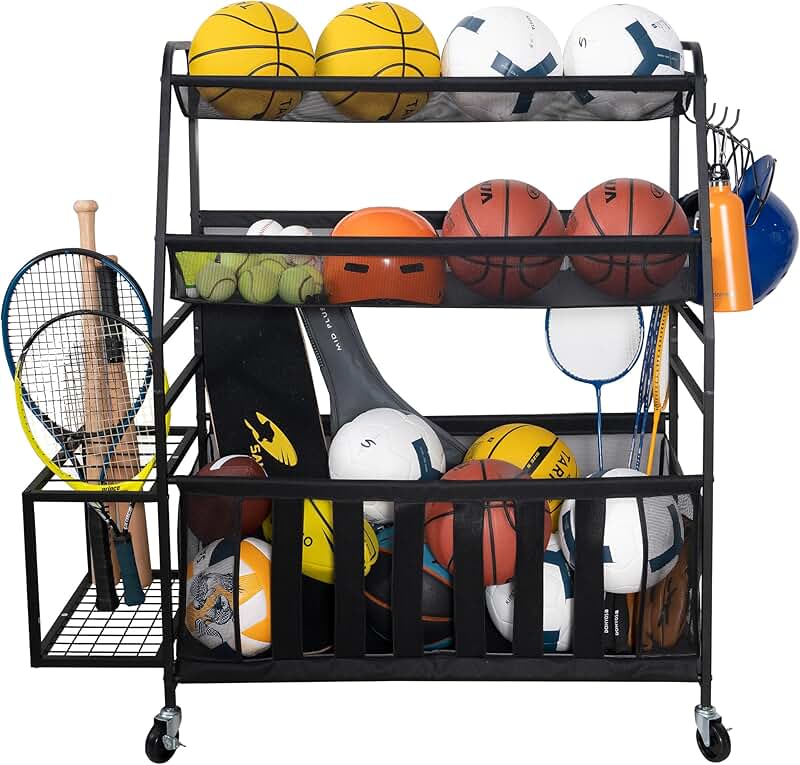 Large Metal Sports Ball Storage Cart for Garage or Gym
