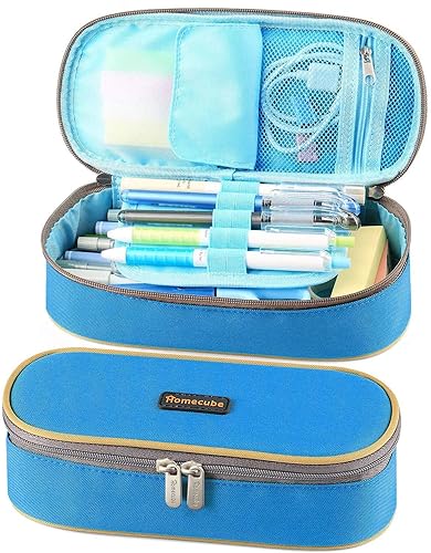 Large Blue Pencil and Makeup Case with Double Zippers