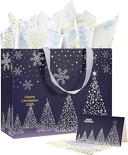 Large 13-inch Deep Blue Christmas Gift Bag with Tissue and Card