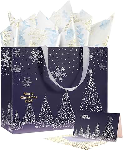 Large 13-inch Deep Blue Christmas Gift Bag with Tissue and Card