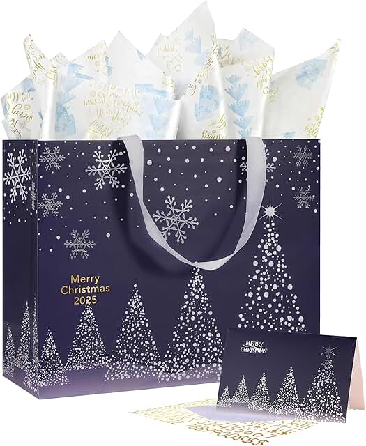 Large 13-inch Deep Blue Christmas Gift Bag with Tissue and Card
