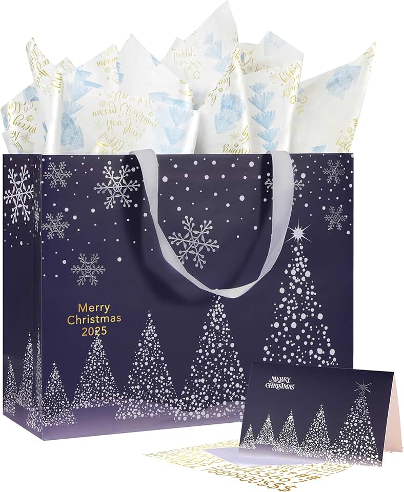 Large 13-inch Deep Blue Christmas Gift Bag with Tissue and Card