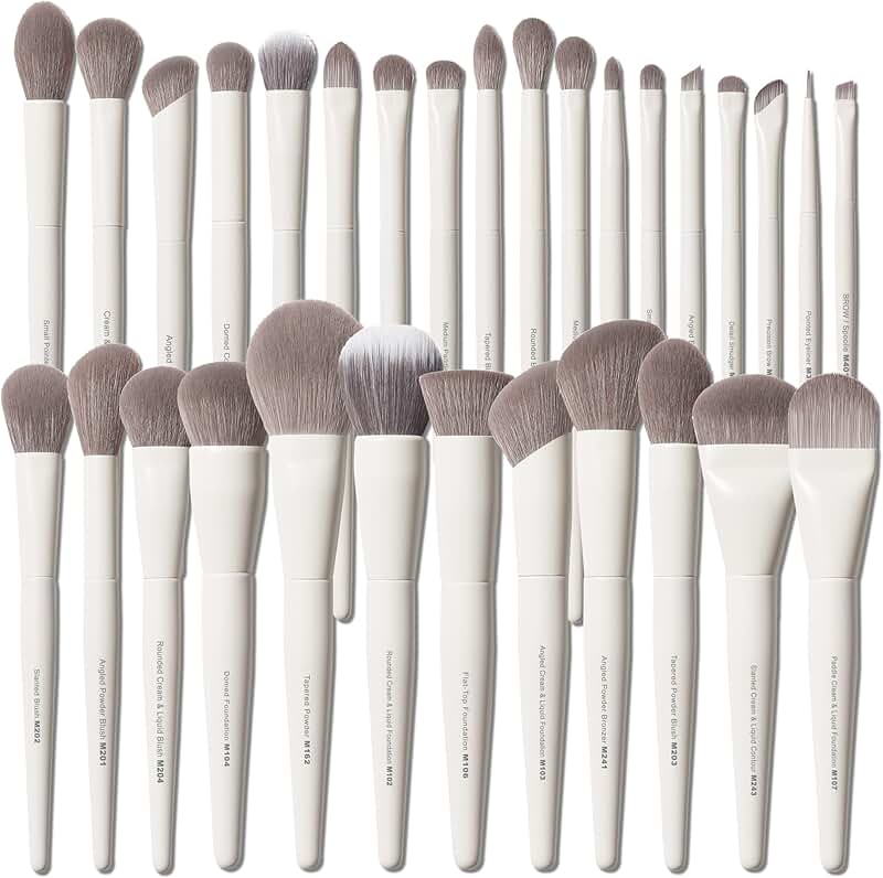 30-Piece Synthetic Makeup Brush Set with White Handles