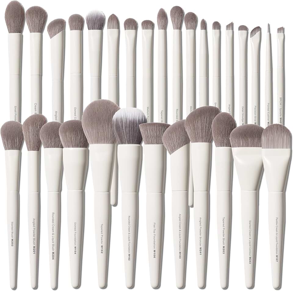 30-Piece Synthetic Makeup Brush Set with White Handles
