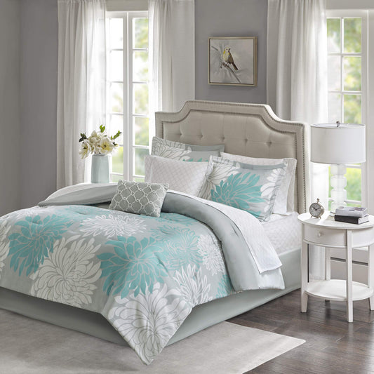Essentials Maible Cozy Bed in A Bag Comforter with Complete Cotton Sheet Set-Floral Medallion Damask Design All Season Cover, Decorative Pillow, Queen 90 in x 90 in), Floral Aqua 9 Piece