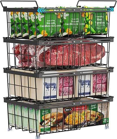 Freezer Organizer Bins, 4 Pack, Stackable, Black