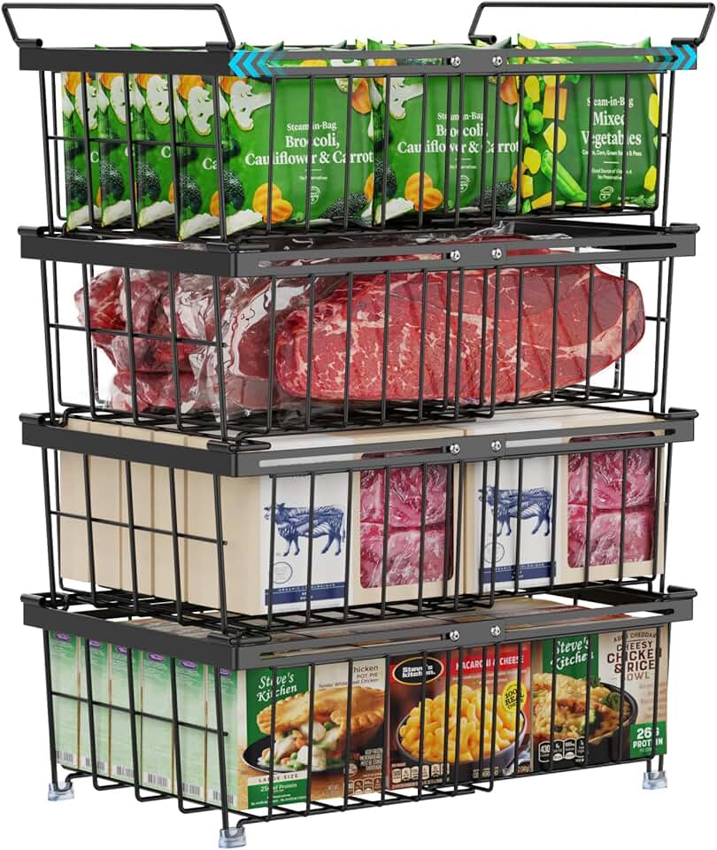 Freezer Organizer Bins, 4 Pack, Stackable, Black