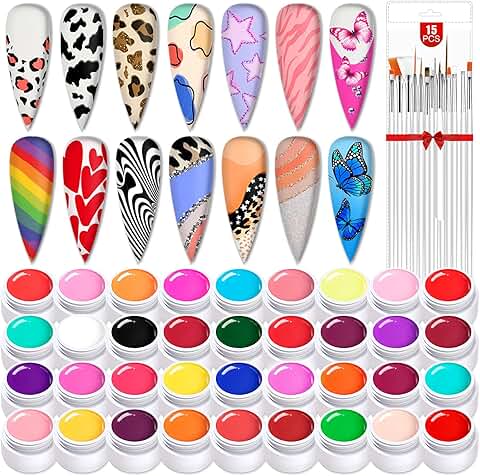36-Color Gel Nail Paint Kit with 15 Brushes for DIY Nail Art