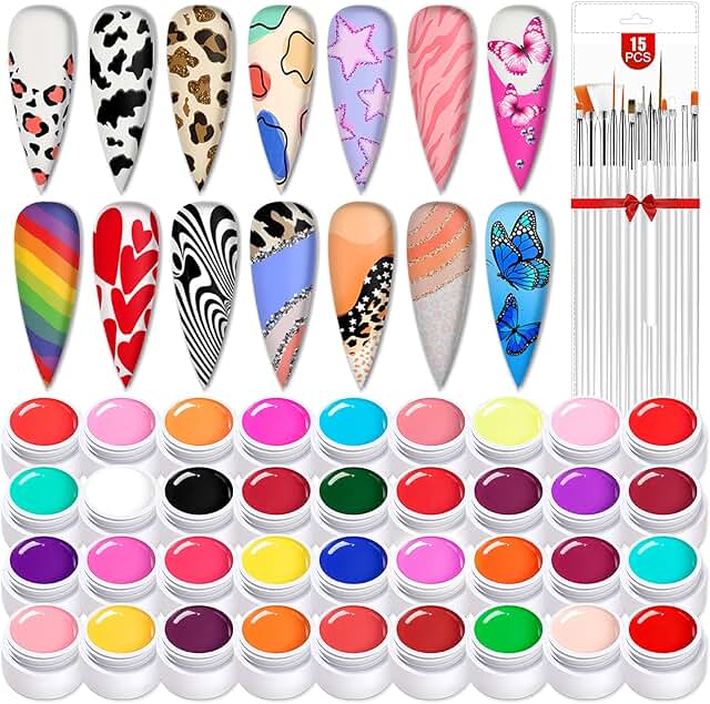 36-Color Gel Nail Paint Kit with 15 Brushes for DIY Nail Art