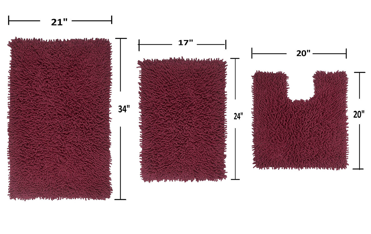 Fantasia Bath Absorbent Cotton, Soft Rug, Machine wash Dry, 17"x24"/21"x34"/20"x20", Red