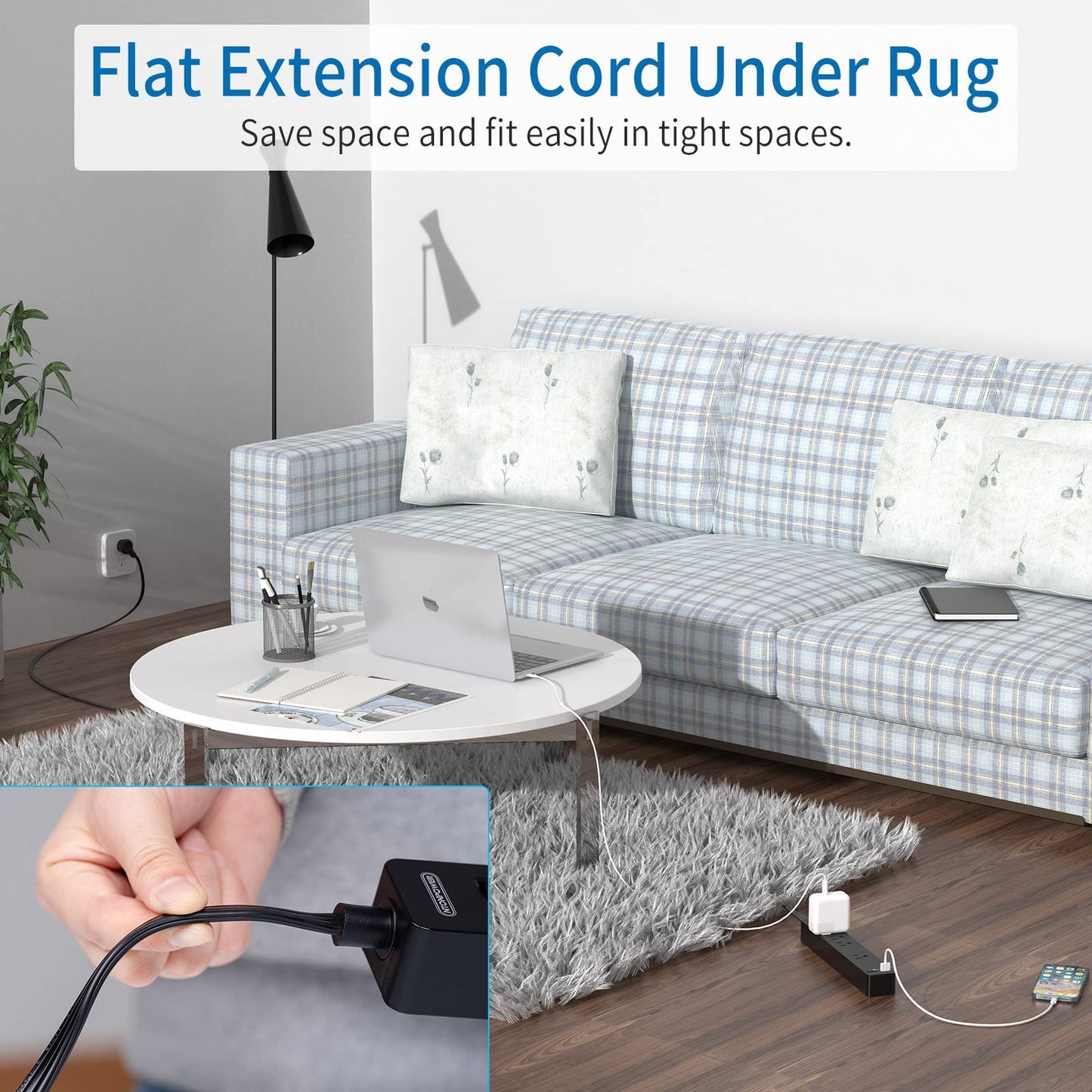 Long Extension Cord 15 Ft, Ultra Thin Flat Extension Cord Under Carpet, Rug, Door, Wall Mount Power Strip Flat Plug with 4 Outlets 2 USB, Overload Protection for Indoor Home Office, Black