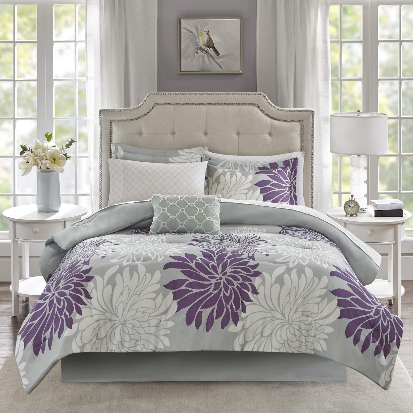 Essentials Maible Cozy Bed in A Bag Comforter with Complete Cotton Sheet Set-Floral Medallion Damask Design All Season Cover, Decorative Pillow, King 104 in x 92 in), Purple/Gray