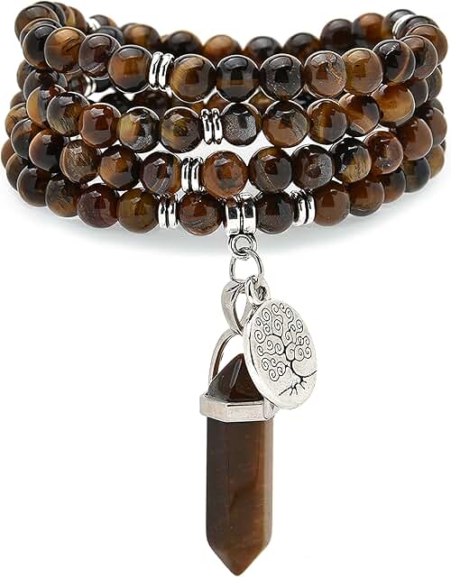 Handmade Tree of Life Charm with Healing Mala Beads and Quartz Pendant