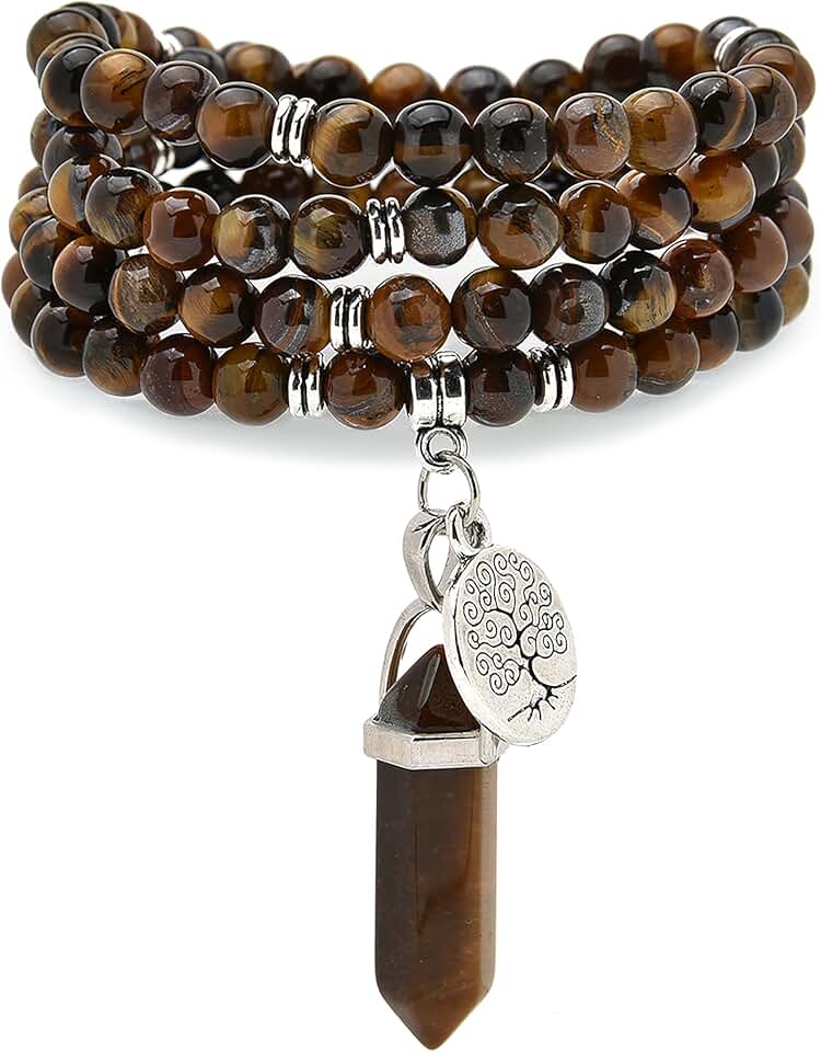 Handmade Tree of Life Charm with Healing Mala Beads and Quartz Pendant